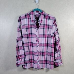 04500 Talbots pink & fuchsia plaid L/S cotton shirt PXL